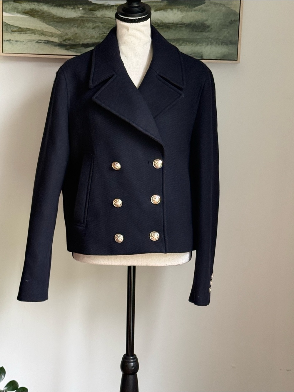 Zara Navy Double-Breasted Peacoat with Gold-Tone Buttons